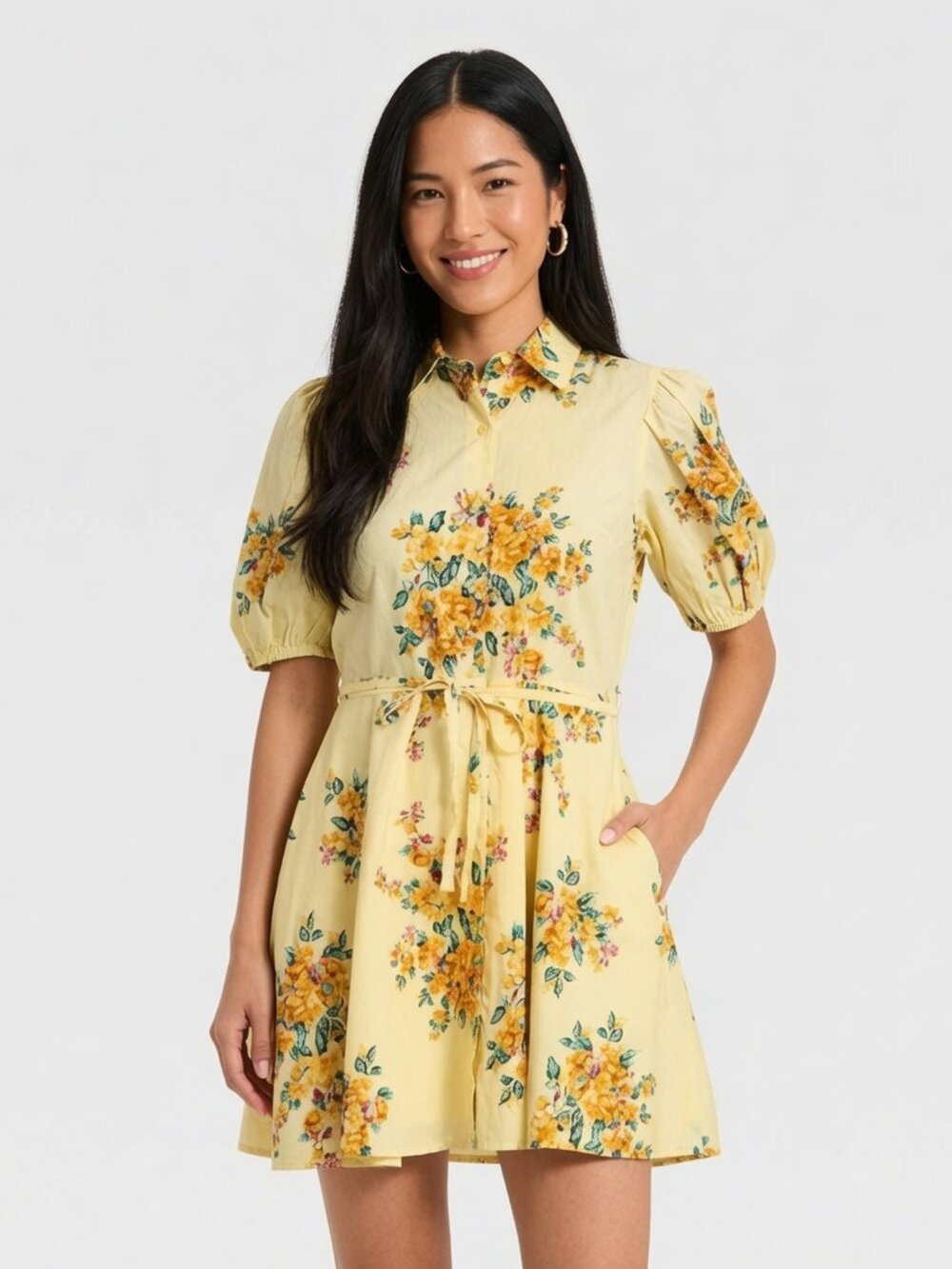 NEW A New Day Women's Balloon Short Sleeve Mini Yellow Floral XS Shirtdress